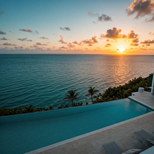Aerial view of luxury Caribbean villa with infinity pool overlooking turquoise ocean at sunset